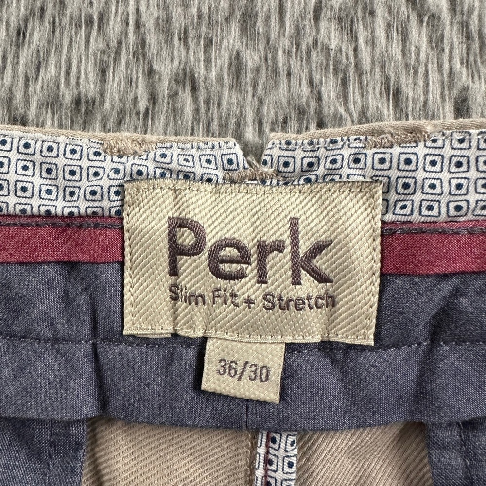 Perk Chino Pants Mens 36x30 Slim Fit Stretch Khaki Beige Flat Front Casual - Picture 4 of 12